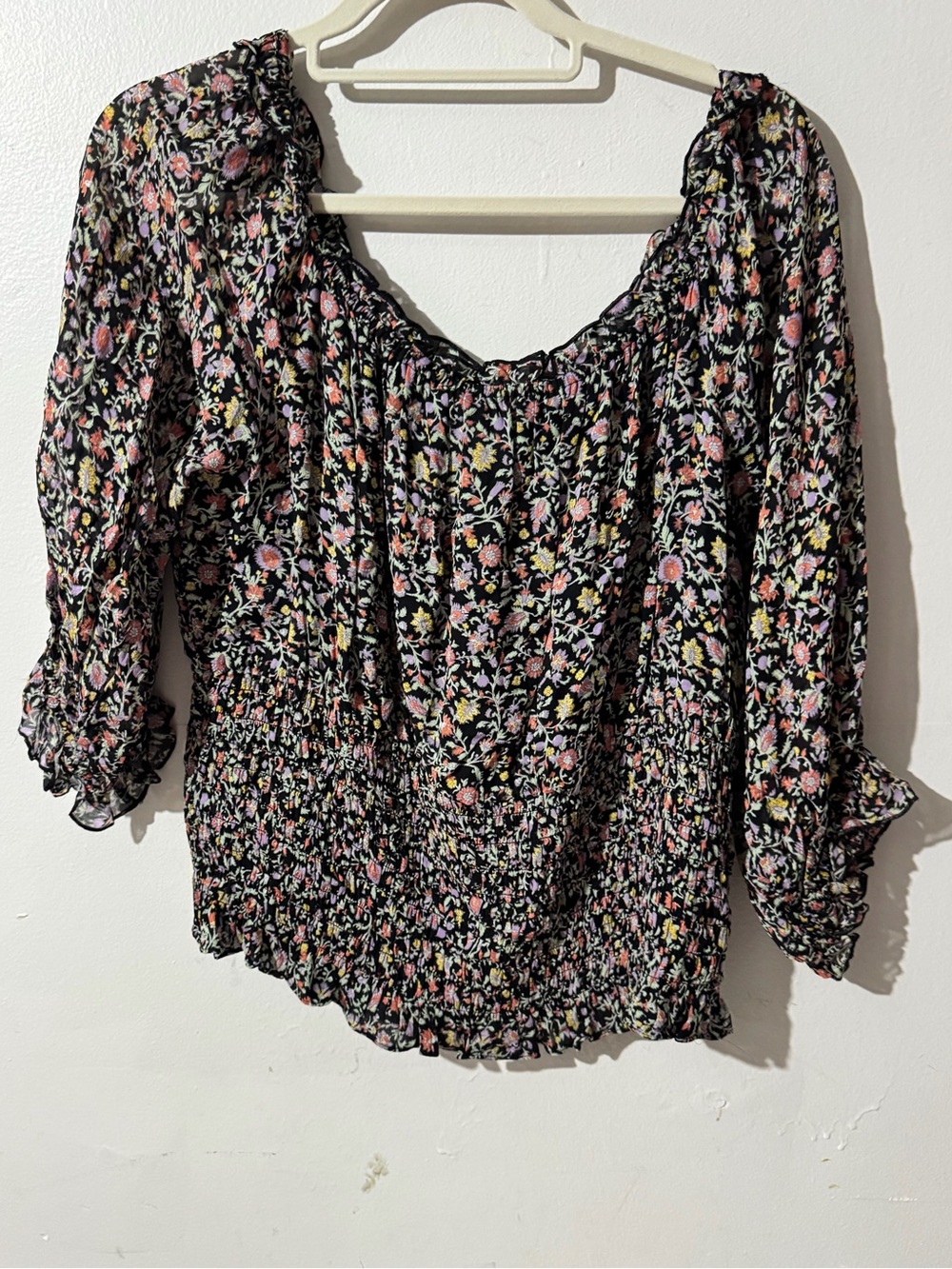 Anthropologie Black Floral Smocked Peasant Blouse with Pink & Yellow Blooms